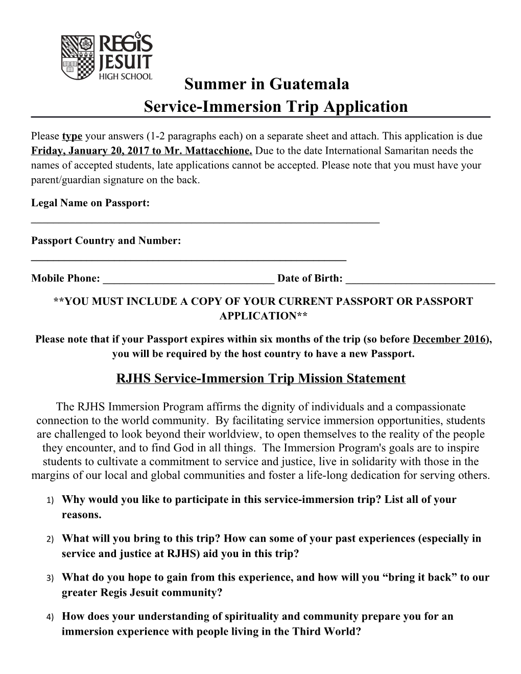 Summer in Guatemala Service-Immersion Trip Application