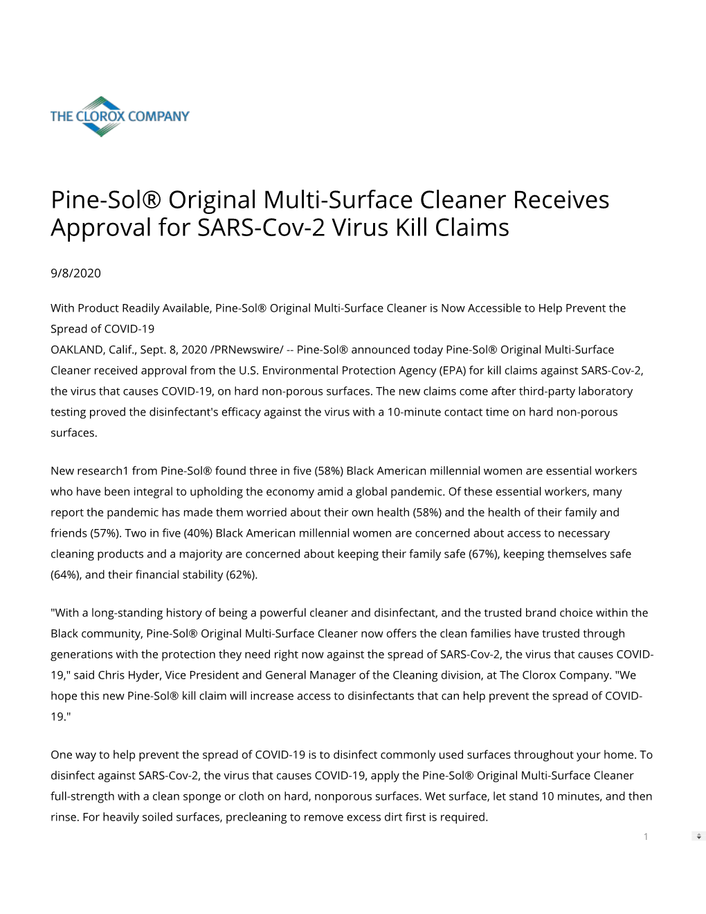 Pine-Sol® Original Multi-Surface Cleaner Receives Approval for SARS-Cov-2 Virus Kill Claims