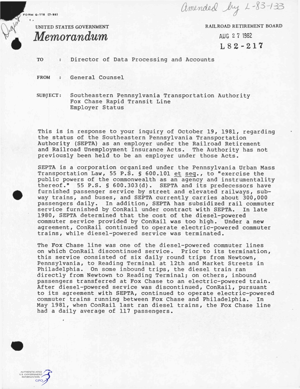 Memorandum, AUG271982