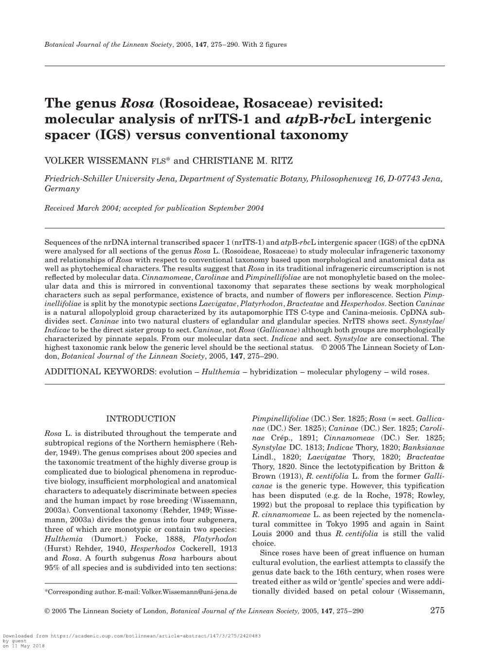 The Genus Rosa(Rosoideae, Rosaceae) Revisited: Molecular Analysis of Nrits-1 and Atpb-Rbcl Intergenic Spacer (IGS) Versus Conven