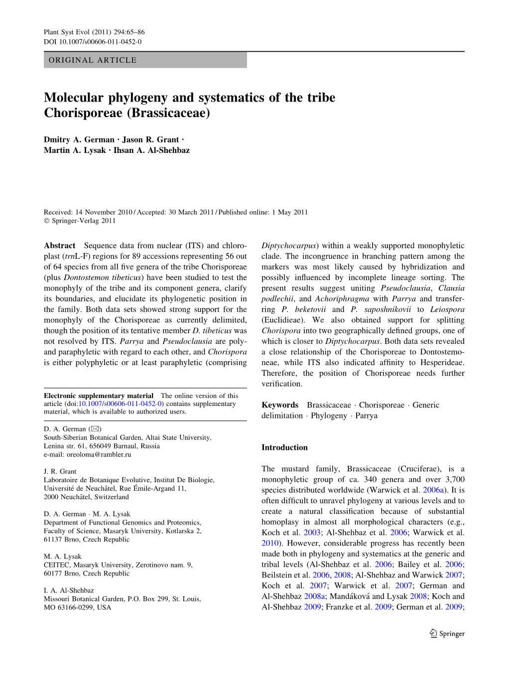 Molecular Phylogeny and Systematics of the Tribe Chorisporeae (Brassicaceae)