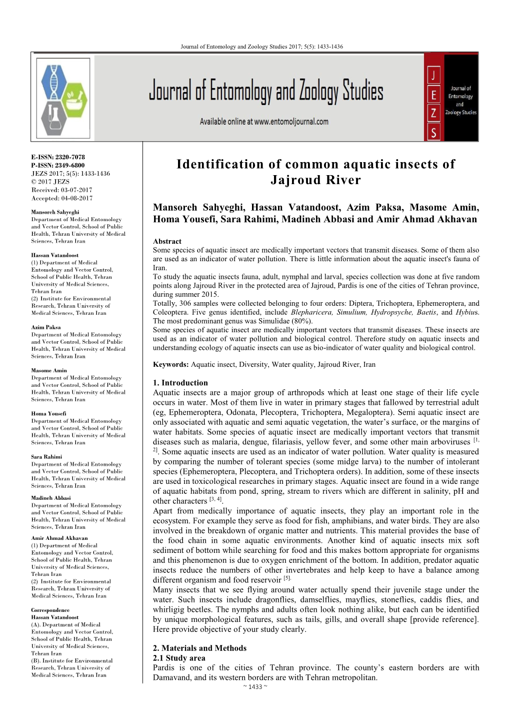 Identification of Common Aquatic Insects of Jajroud River