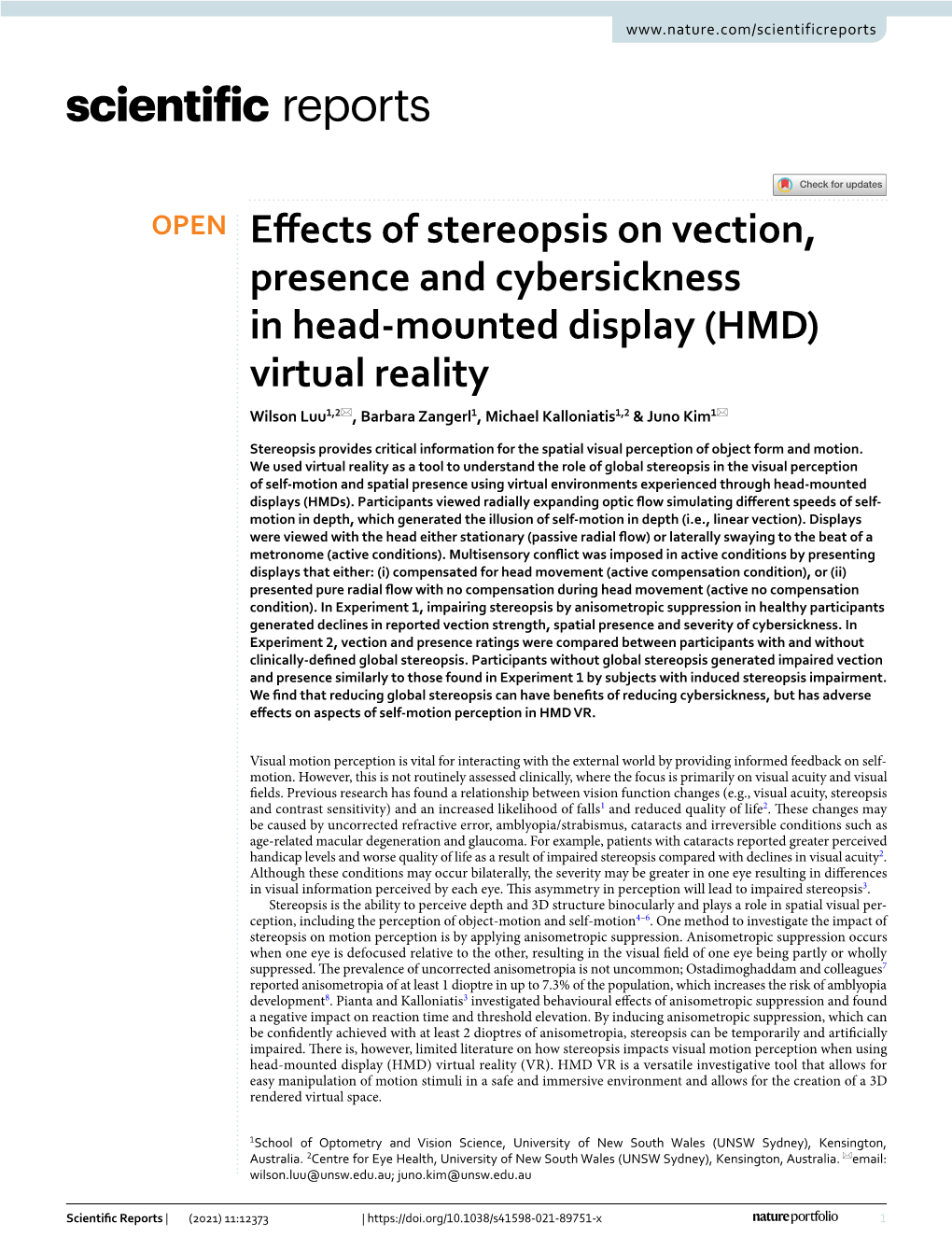 Effects of Stereopsis on Vection, Presence and Cybersickness in Head-Mounted Display (HMD) Virtual Reality