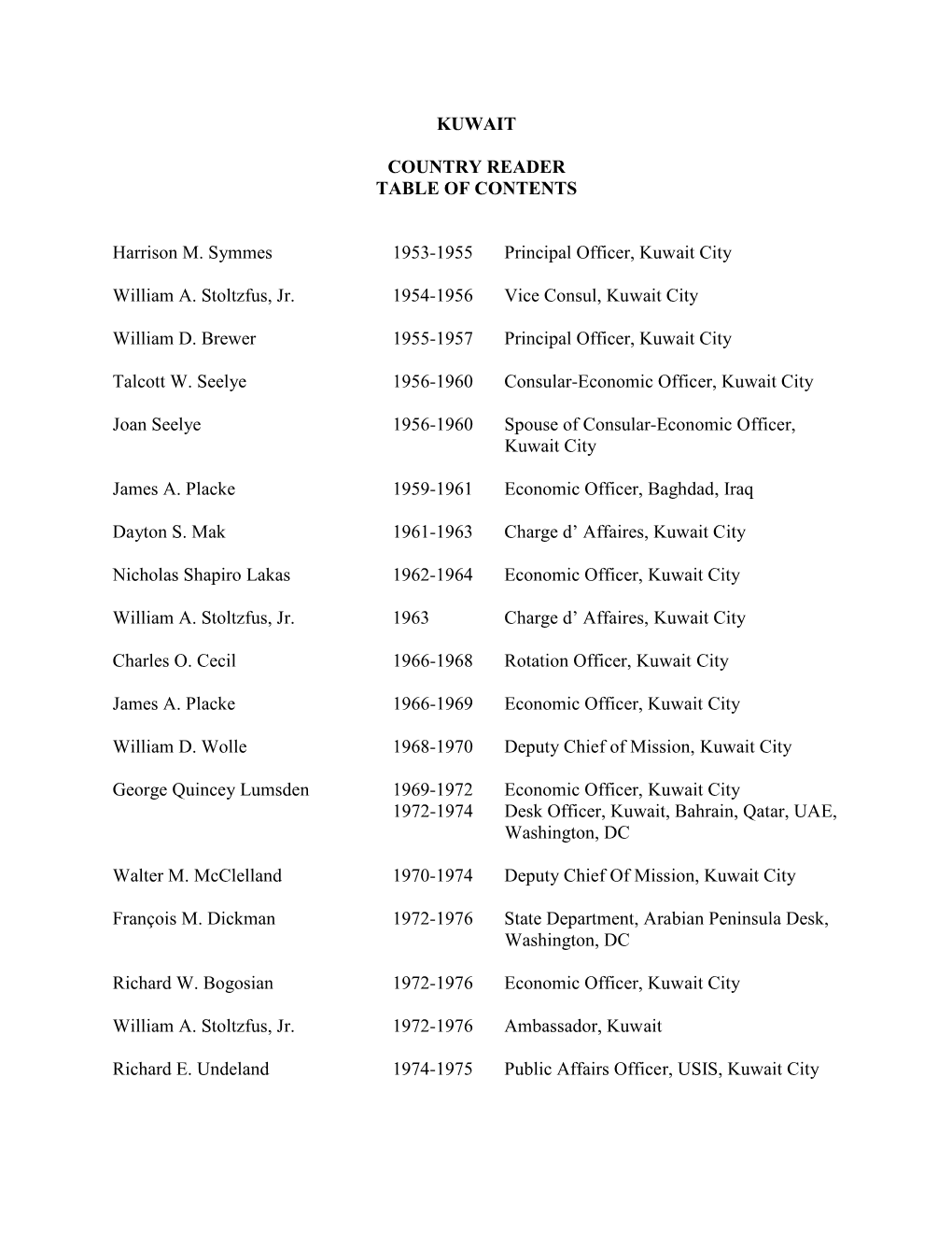 KUWAIT COUNTRY READER TABLE of CONTENTS Harrison M