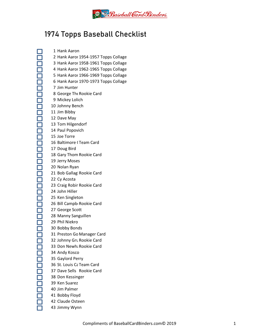 1974 Topps Baseball Checklist