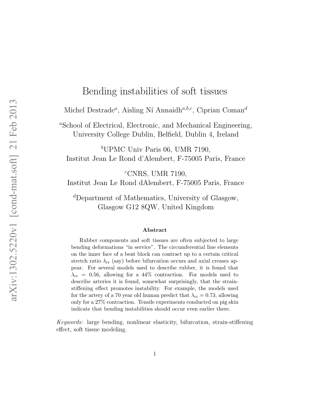 Bending Instabilities of Soft Tissues Arxiv:1302.5220V1 [Cond-Mat.Soft