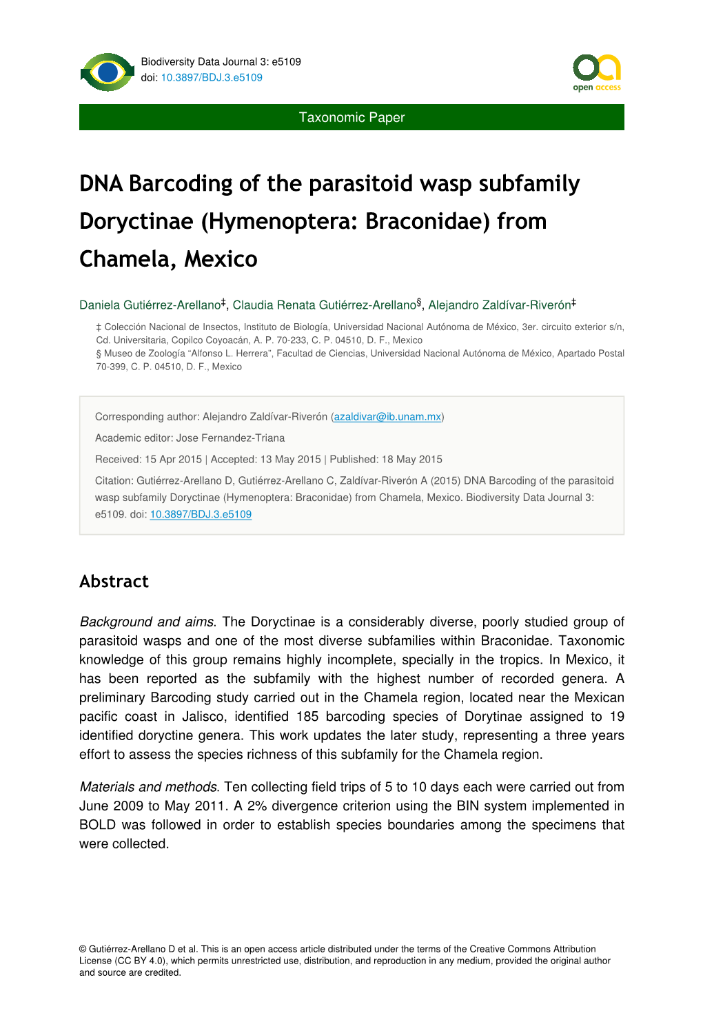 DNA Barcoding of the Parasitoid Wasp Subfamily Doryctinae (Hymenoptera: Braconidae) from Chamela, Mexico