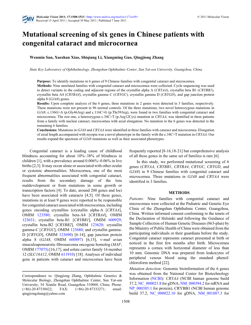 Mutational Screening of Six Genes in Chinese Patients with Congenital Cataract and Microcornea