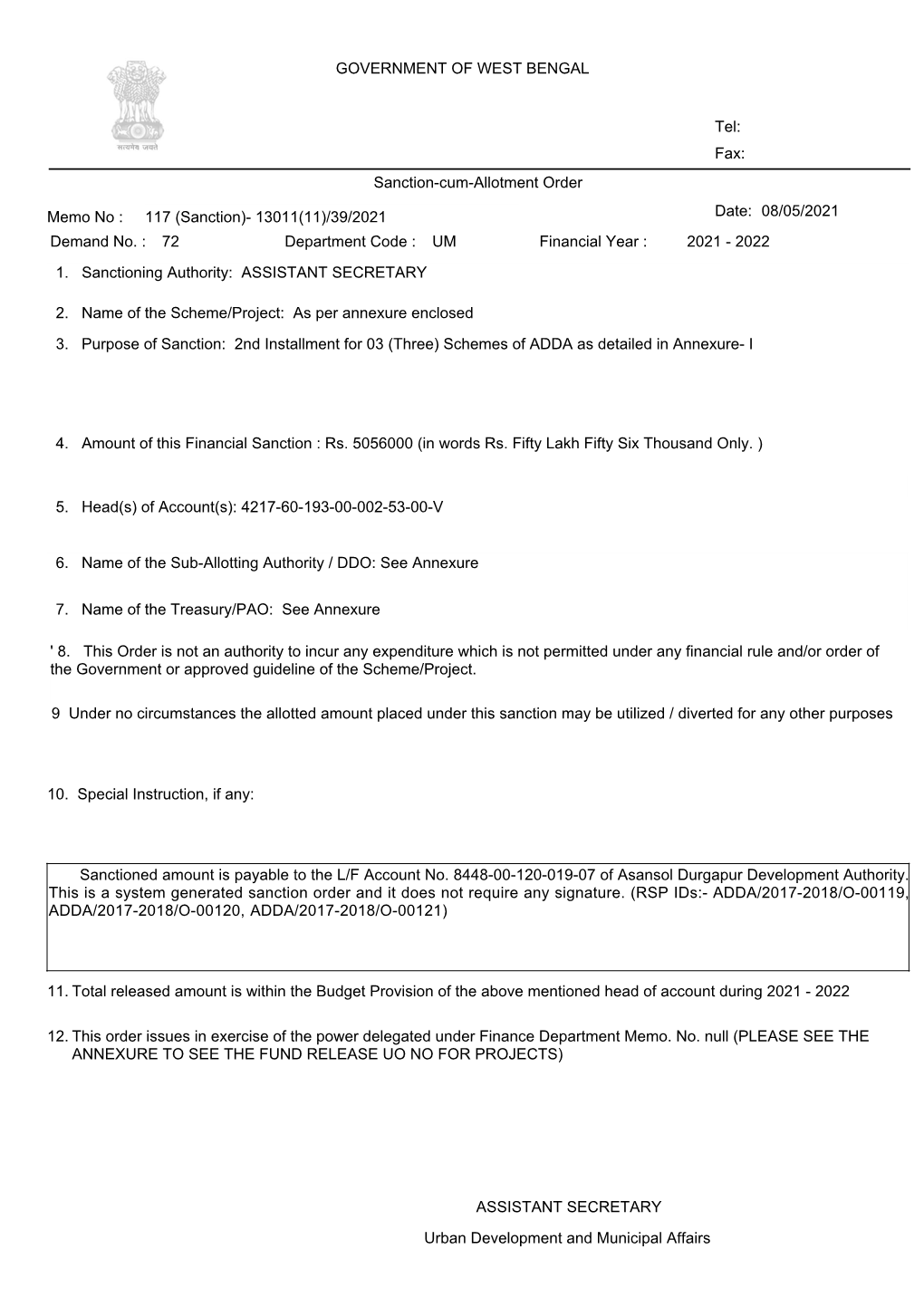 GOVERNMENT of WEST BENGAL Tel: Sanctioned Amount Is Payable