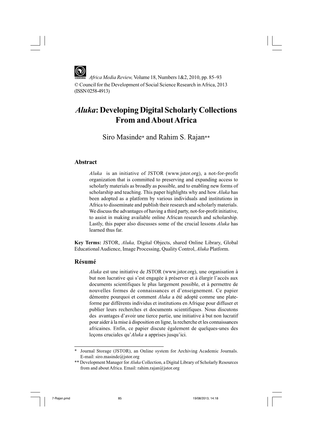 Aluka: Developing Digital Scholarly Collections from and About Africa