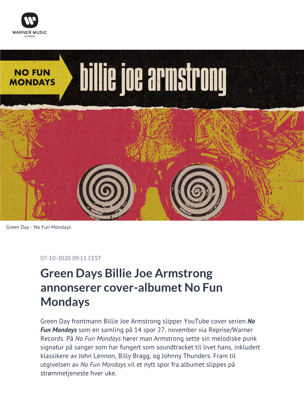 Green Days Billie Joe Armstrong Annonserer Cover-Albumet No Fun Mondays