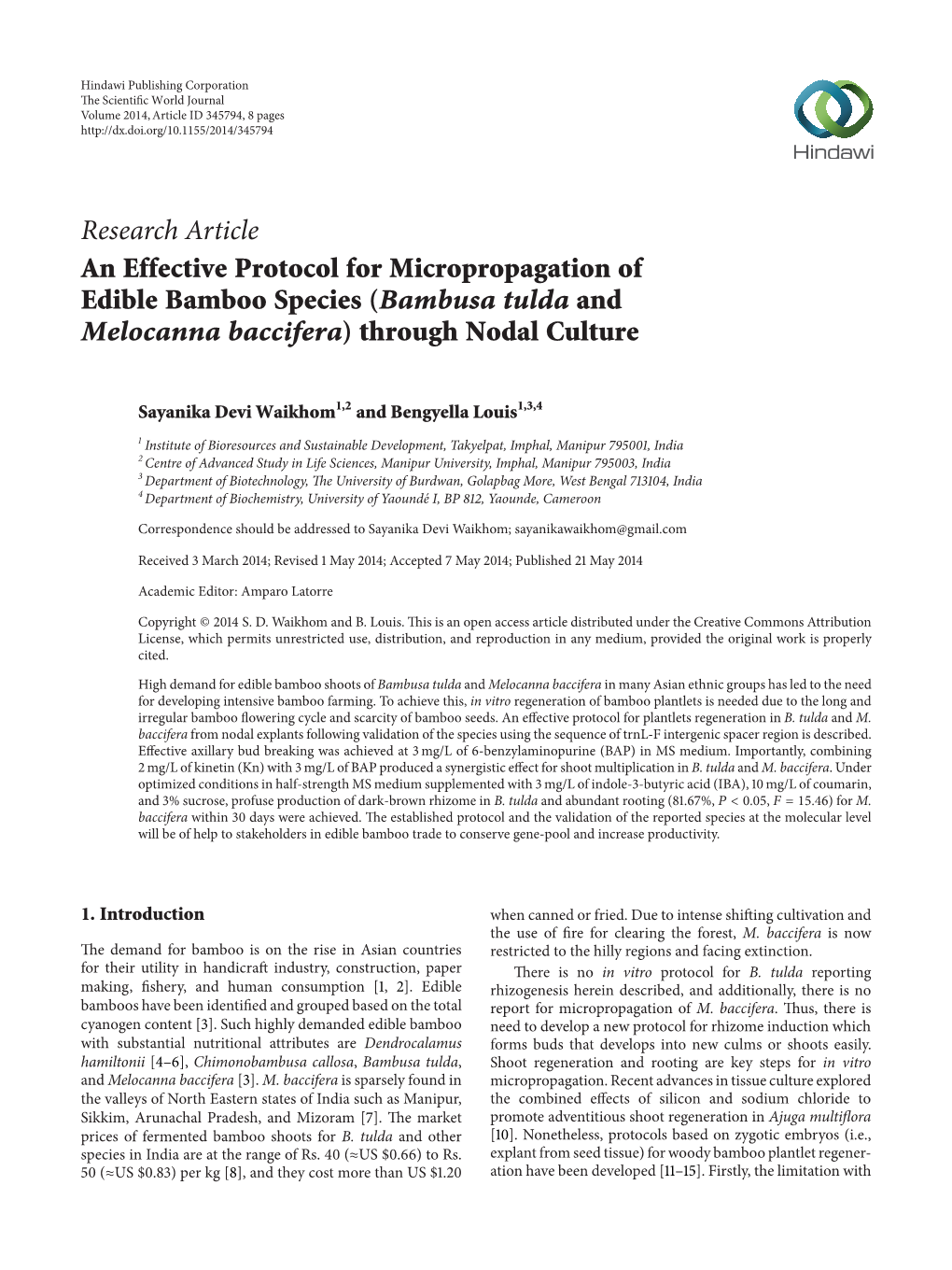 An Effective Protocol for Micropropagation of Edible Bamboo Species (Bambusa Tulda and Melocanna Baccifera) Through Nodal Culture