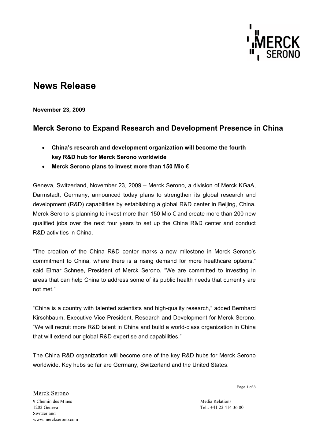 Merck Serono to Expand Research and Development Presence in China