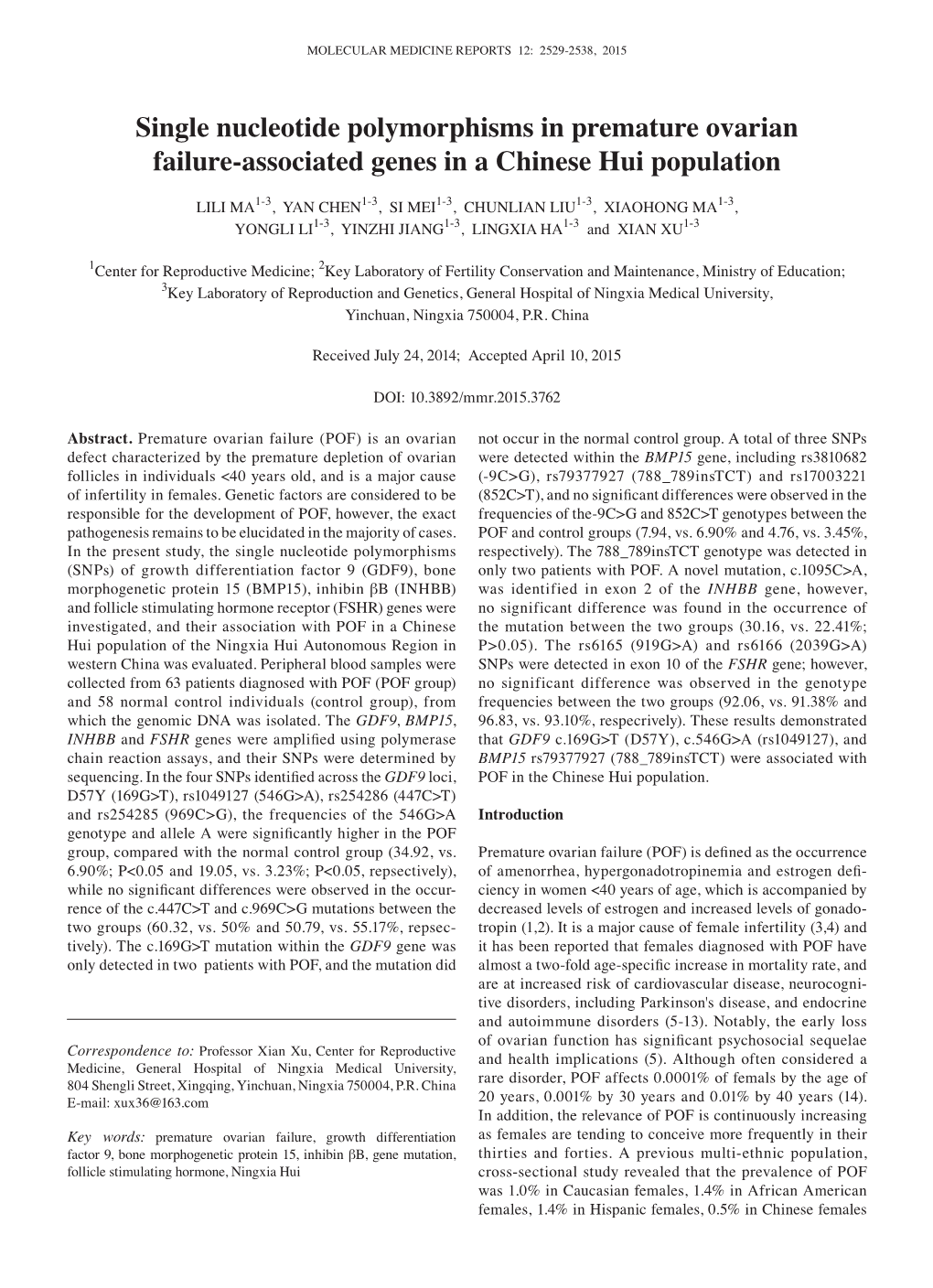 Single Nucleotide Polymorphisms in Premature Ovarian Failure‑Associated Genes in a Chinese Hui Population