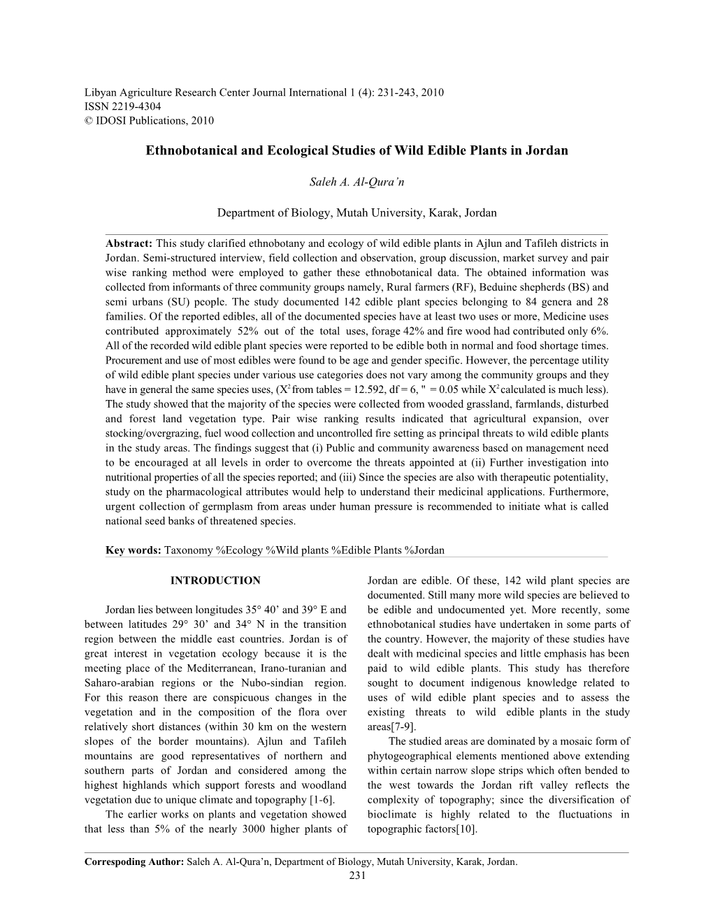 Ethnobotanical and Ecological Studies of Wild Edible Plants in Jordan