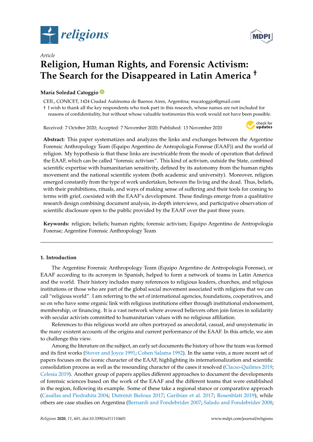 Religion, Human Rights, and Forensic Activism: † the Search for the Disappeared in Latin America