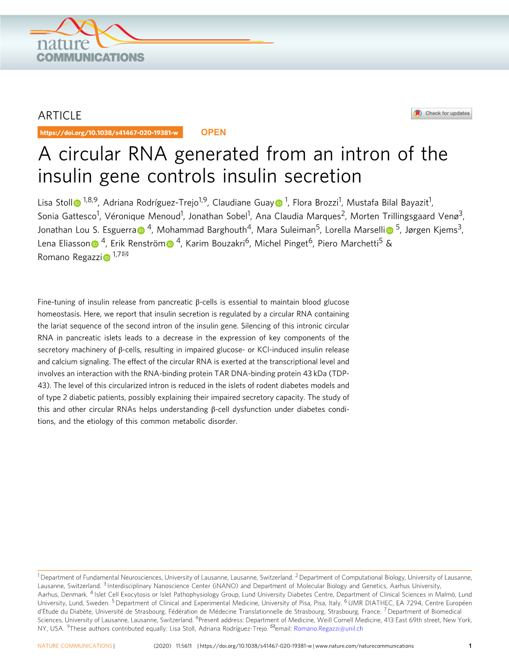A Circular RNA Generated from an Intron of the Insulin Gene Controls Insulin Secretion