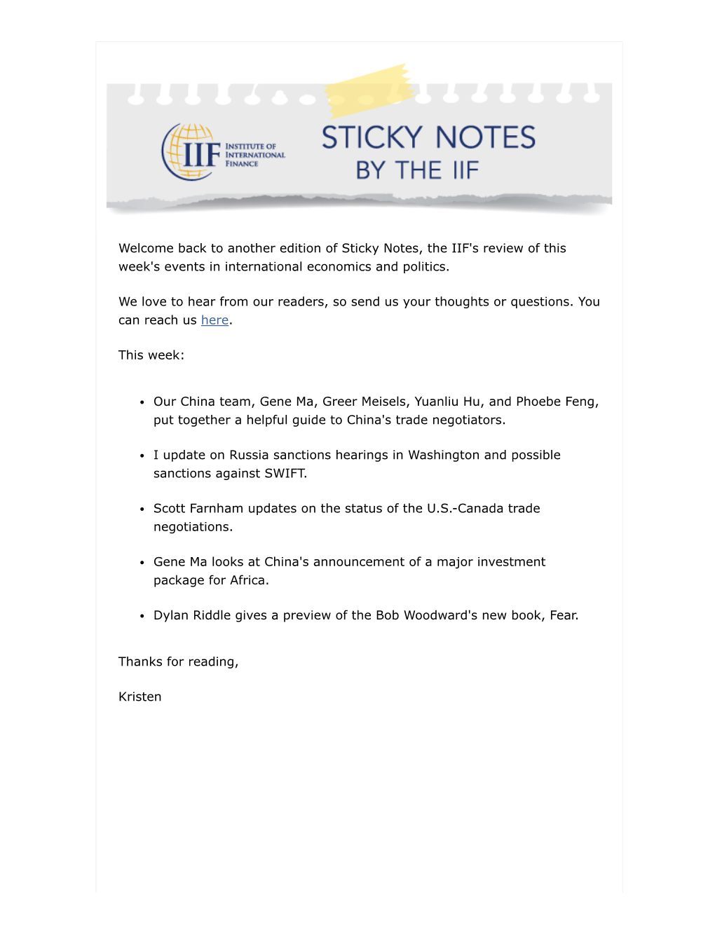 Another Edition of Sticky Notes, the IIF's Review of This Week's Events in International Economics and Politics