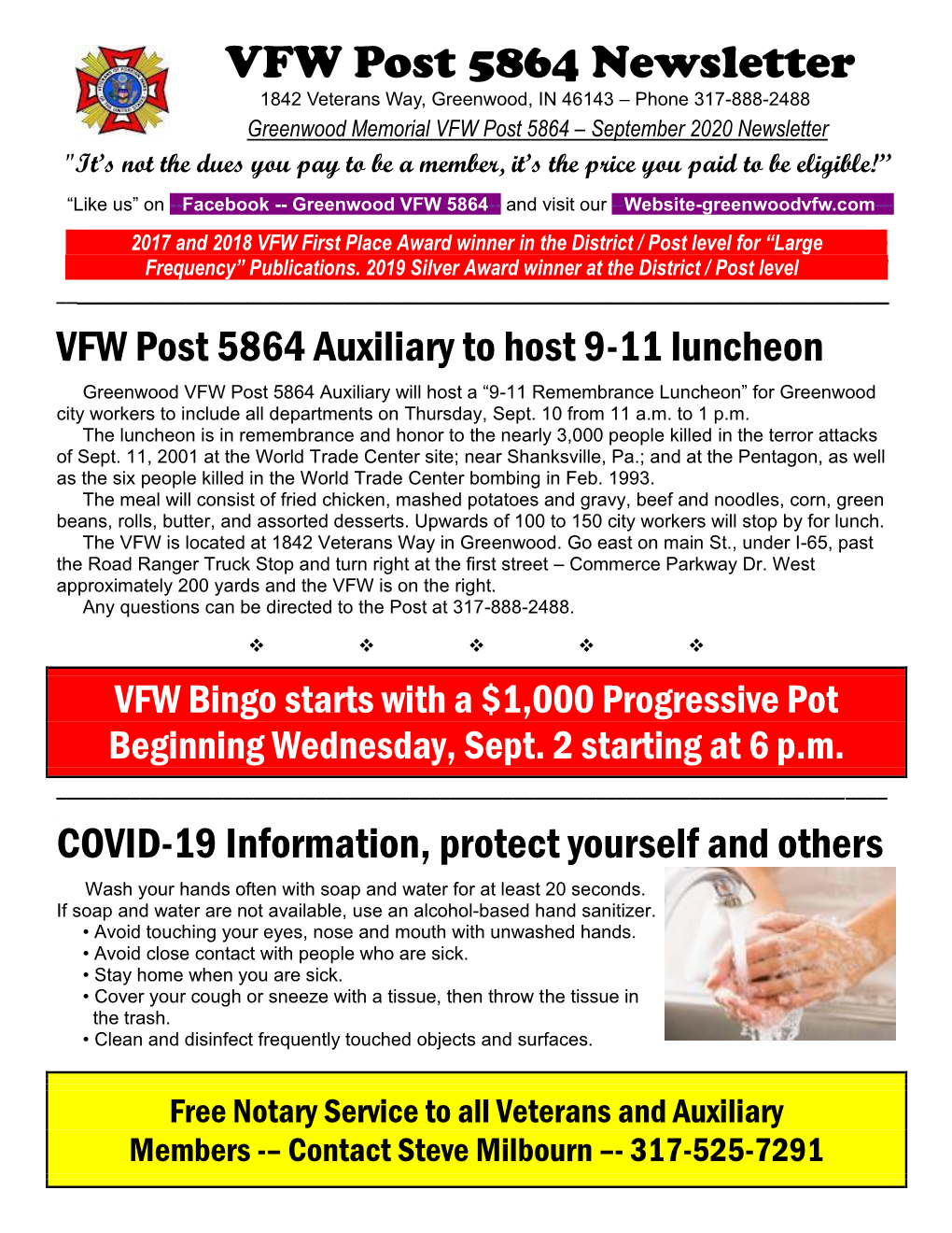 VFW Post 5864 Newsletter 1842 Veterans Way, Greenwood, in 46143 – Phone 317-888-2488