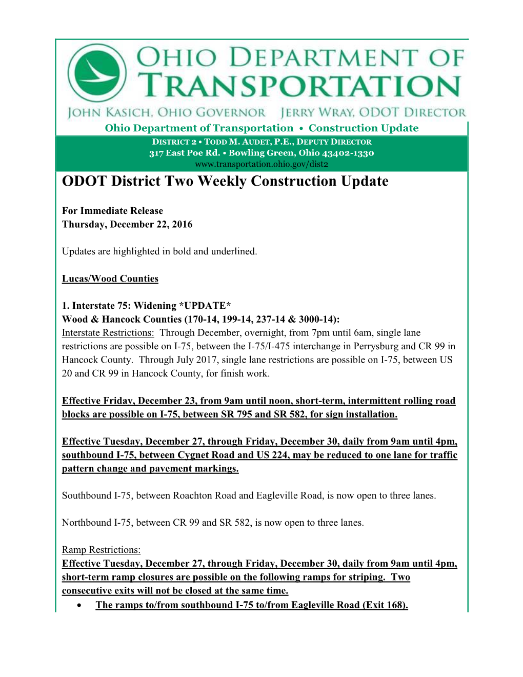 ODOT District Two Weekly Construction Update