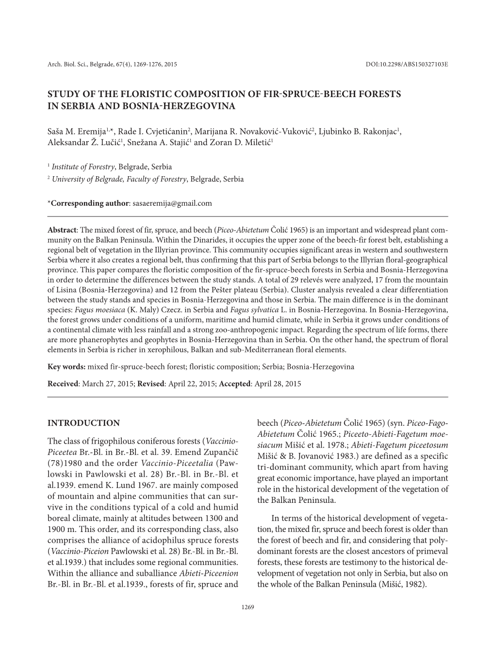 Study of the Floristic Composition of Fir-Spruce-Beech Forests in Serbia and Bosnia-Herzegovina