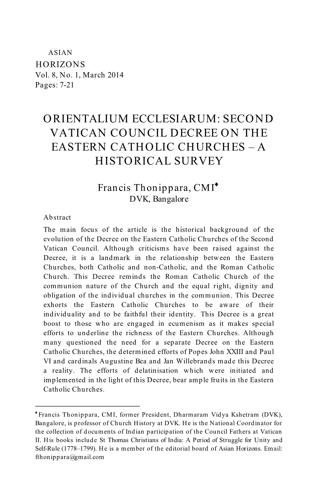 Orientalium Ecclesiarum: Second Vatican Council Decree on the Eastern Catholic Churches – a Historical Survey
