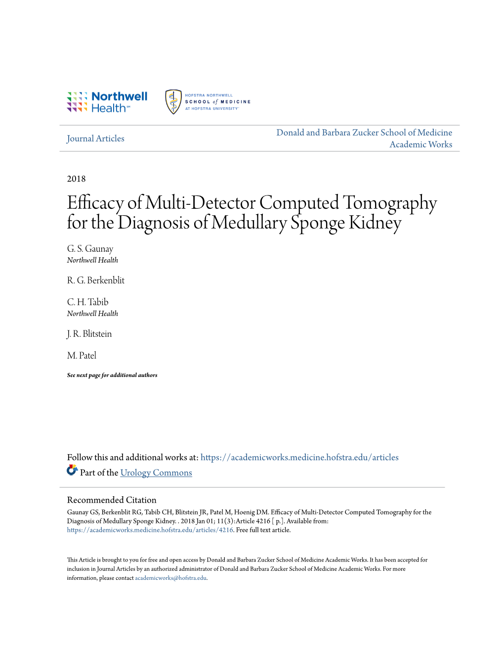 Efficacy of Multi-Detector Computed Tomography for the Diagnosis of Medullary Sponge Kidney G