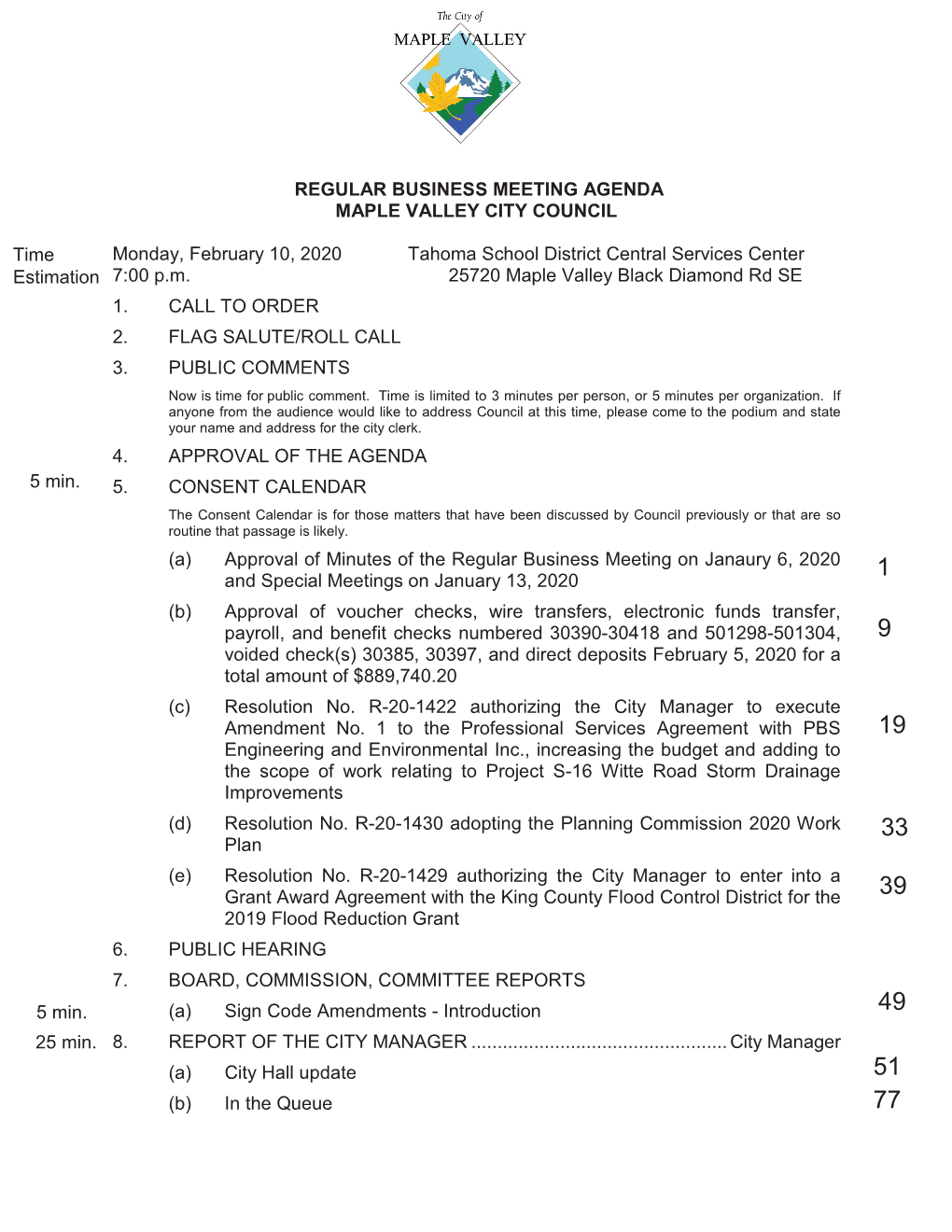 Regular Business Meeting Agenda Maple Valley City Council