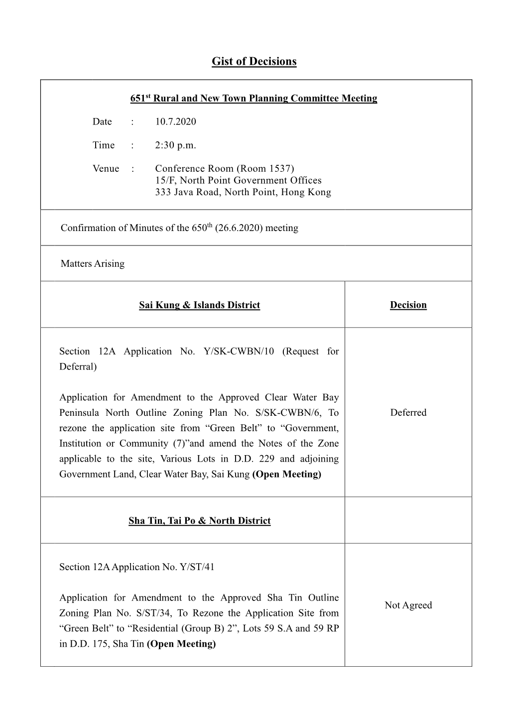 651St Rural and New Town Planning Committee Meeting