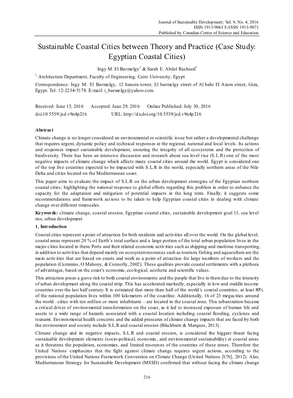 Sustainable Coastal Cities Between Theory and Practice (Case Study: Egyptian Coastal Cities)