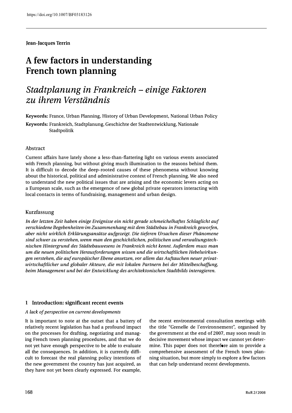 A Few Factors in Understanding French Town Planning Stadtplanung in Frankreich - Einige Faktoren Zu Ihrem Verstiindnis