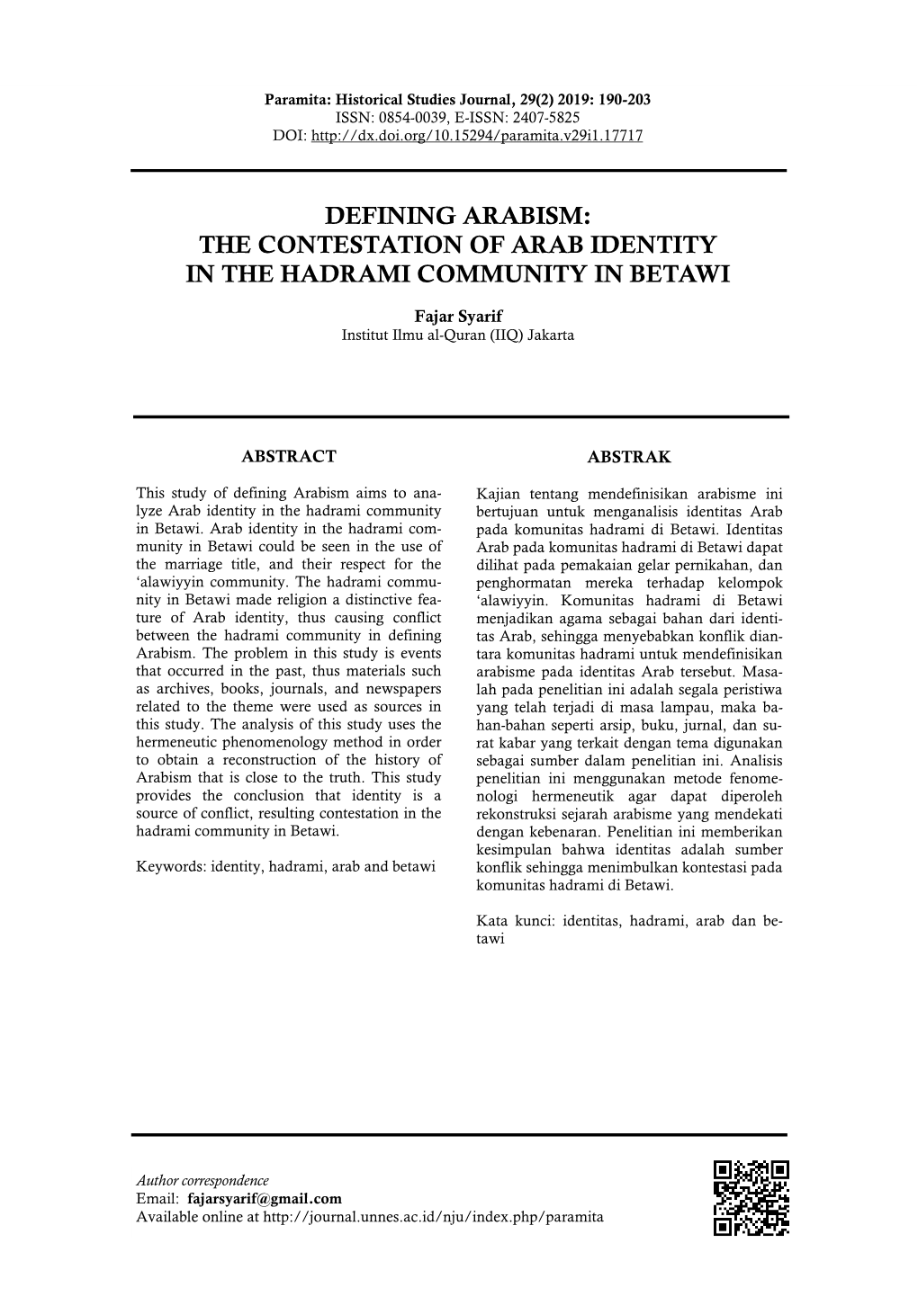 The Contestation of Arab Identity in the Hadrami Community in Betawi