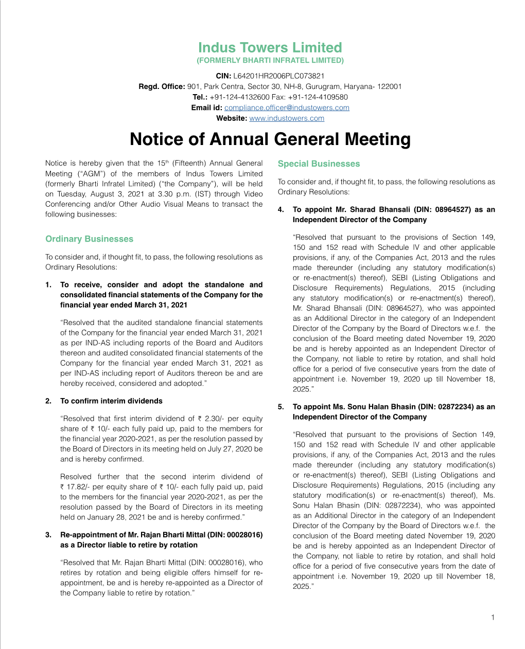 Notice of 15Th Annual General Meeting