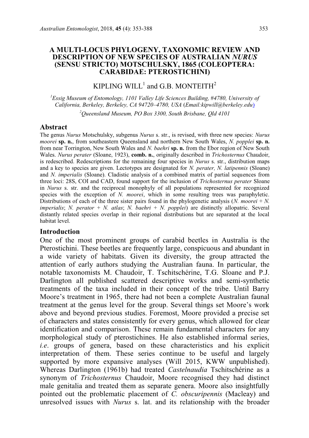 A Multi-Locus Phylogeny, Taxonomic Review and Description of New Species of Australian Nurus (Sensu Stricto) Motschulsky, 1865 (Coleoptera: Carabidae: Pterostichini)