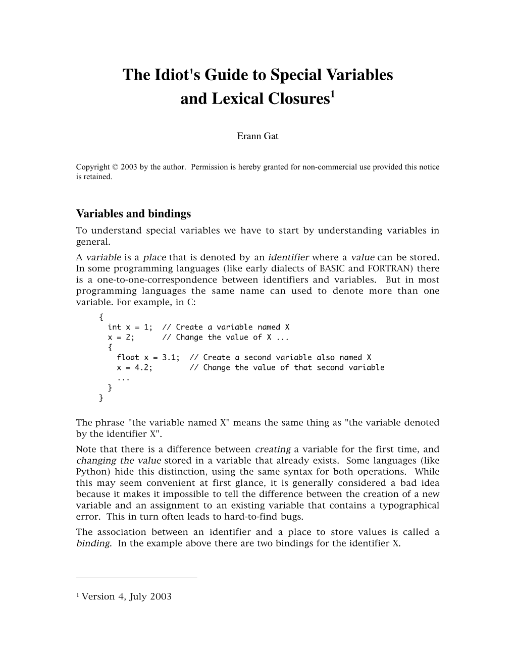 The Idiot's Guide to Special Variables and Lexical Closures1