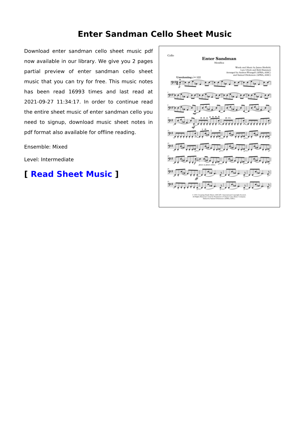 Enter Sandman Cello Sheet Music