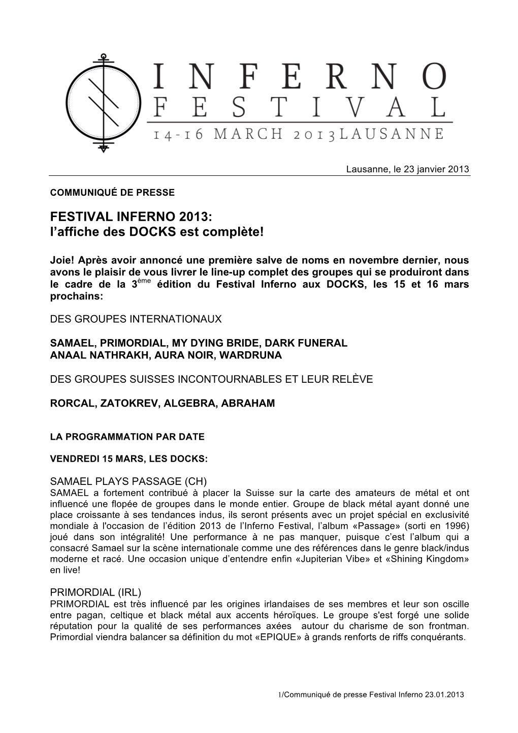 FESTIVAL INFERNO 2013: L’Affiche Des DOCKS Est Complète!