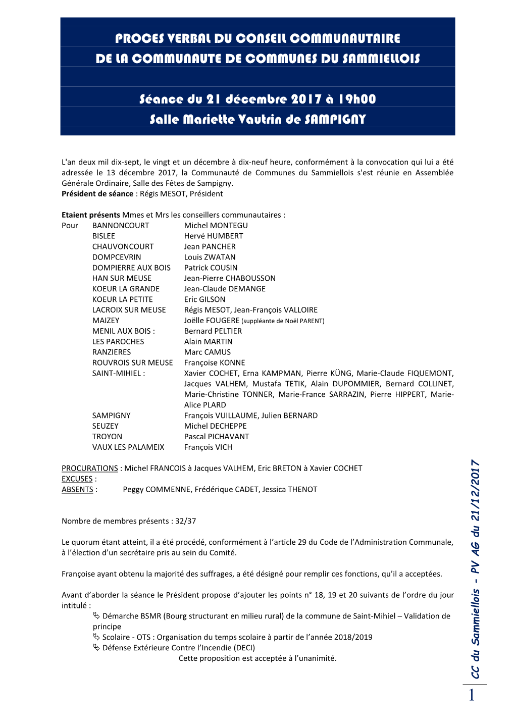 Proces Verbal Du Conseil Communautaire De La Communaute De Communes Du Sammiellois