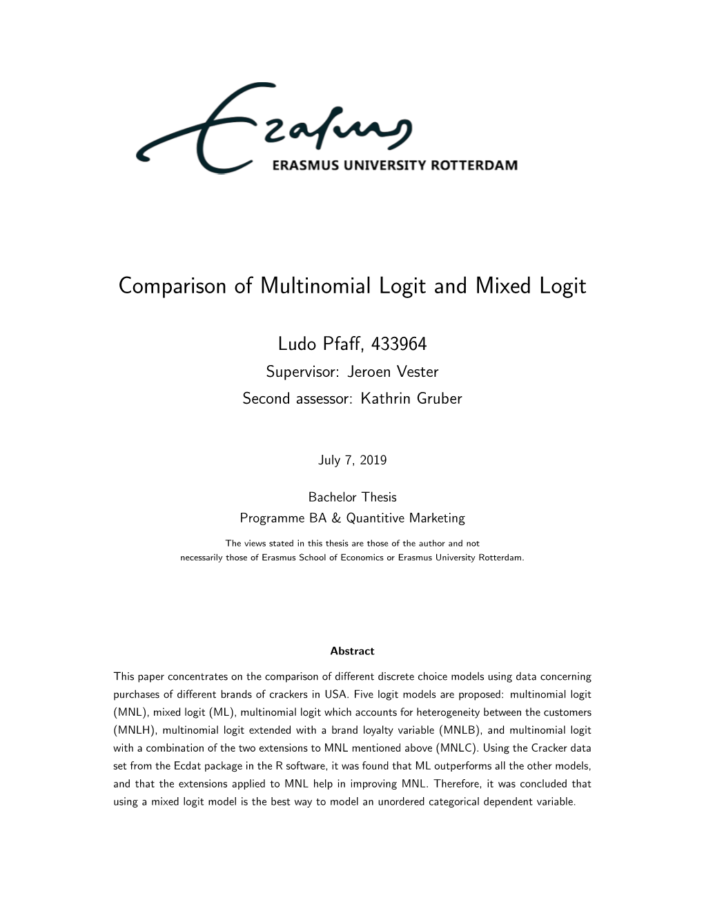 Comparison of Multinomial Logit and Mixed Logit