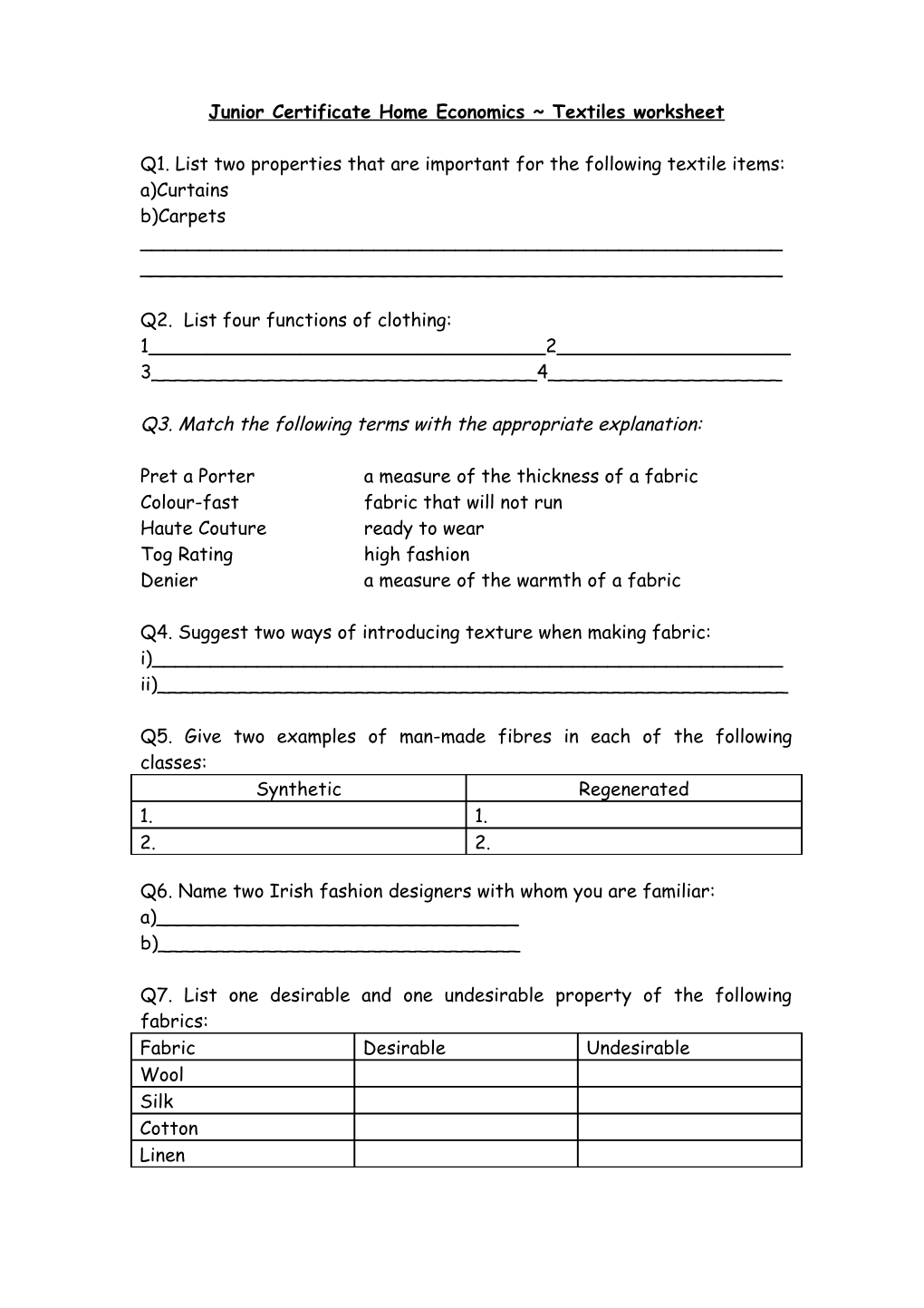 Junior Certificate Home Economics Textiles Worksheet