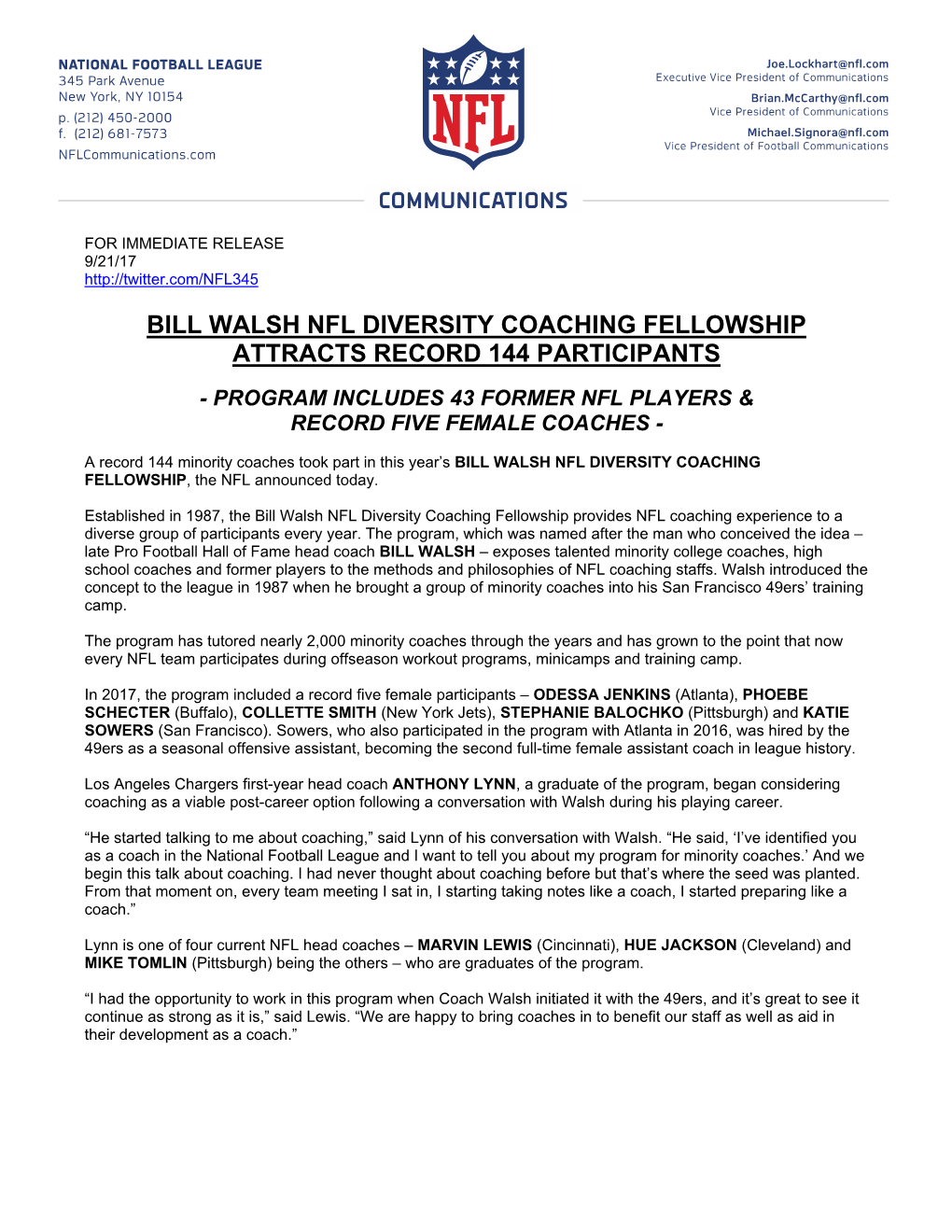 Bill Walsh Nfl Diversity Coaching Fellowship Attracts Record 144 Participants