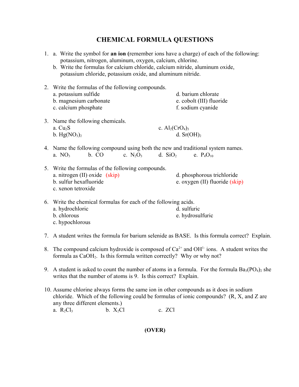 Chemical Formula Questions