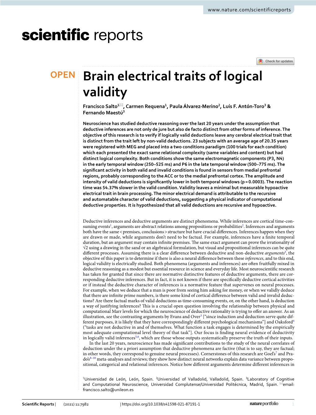 Brain Electrical Traits of Logical Validity Francisco Salto1*, Carmen Requena1, Paula Álvarez‑Merino2, Luís F