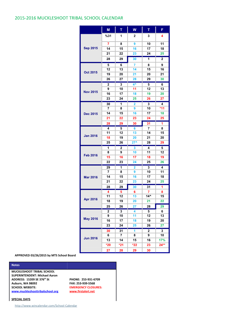 2014-2015 School Calendar. Weekdays Only