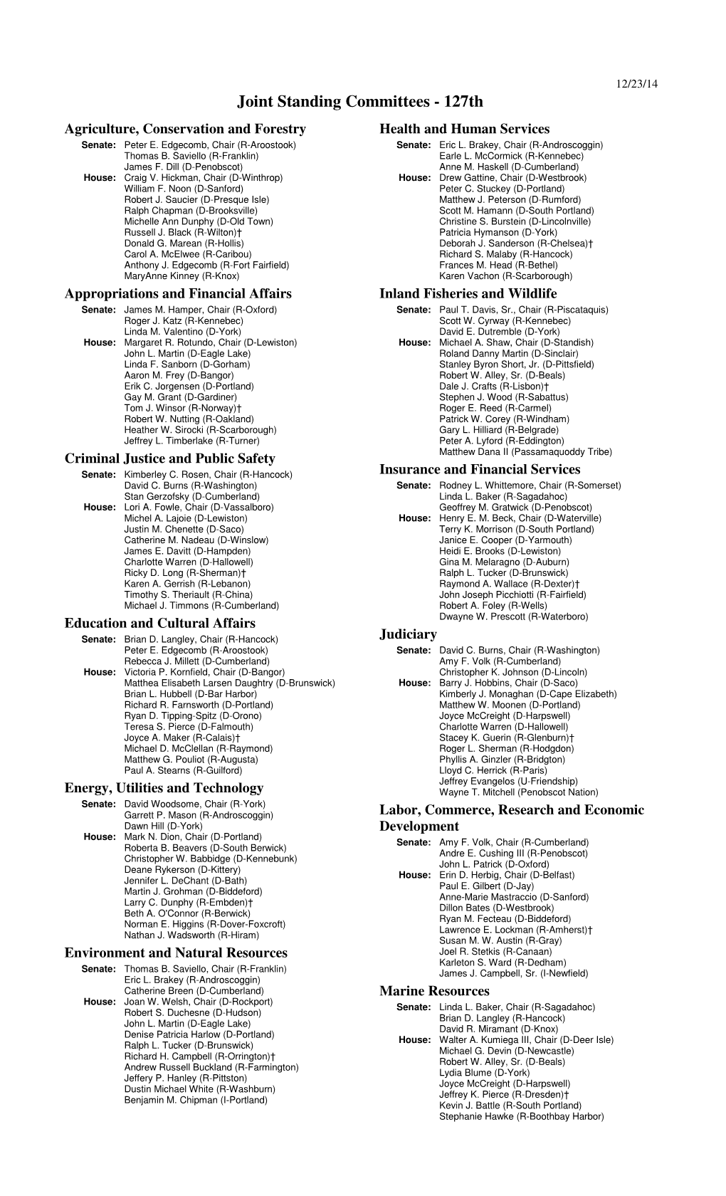 Joint Standing Committees - 127Th Agriculture, Conservation and Forestry Health and Human Services Senate: Peter E