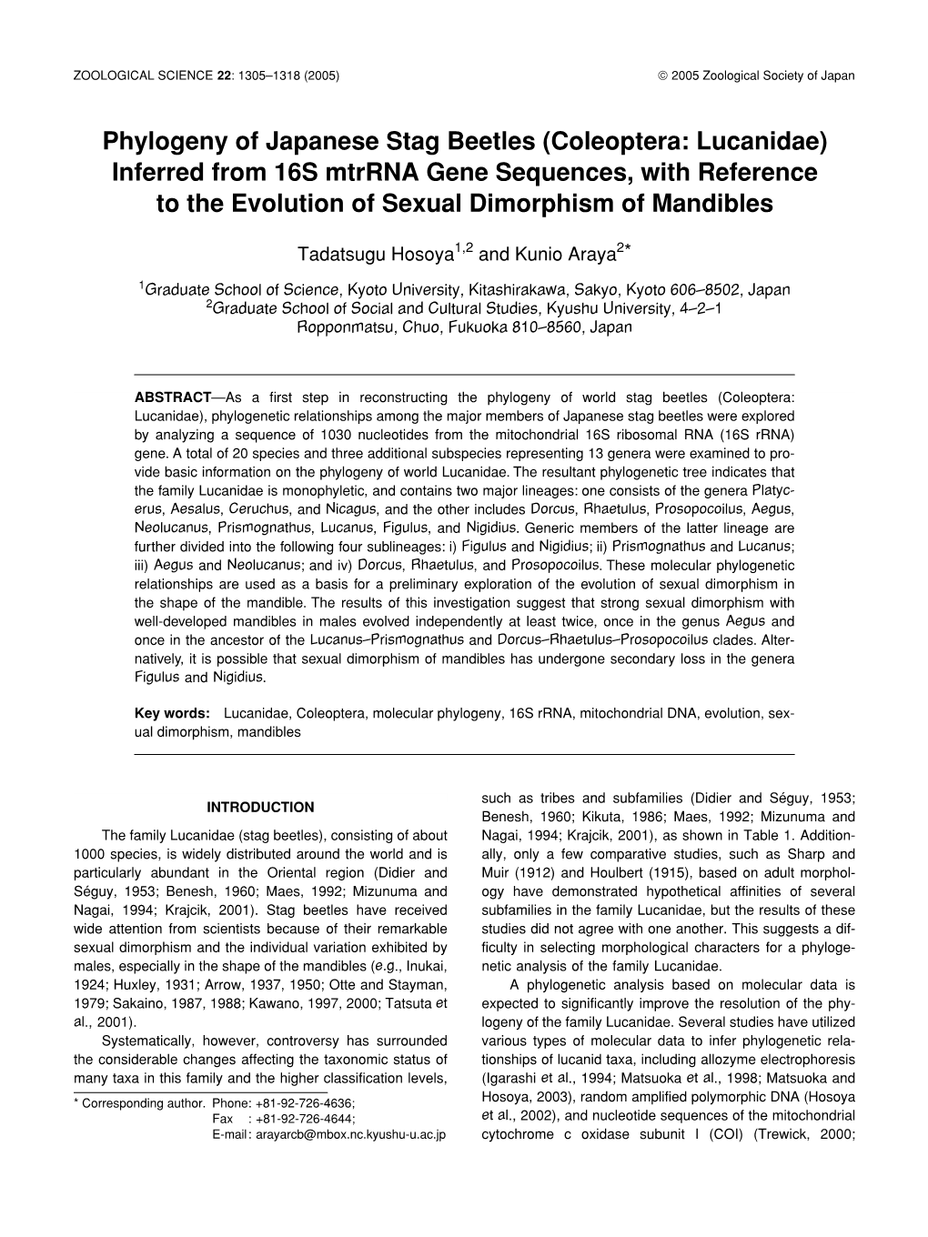 Phylogeny of Japanese Stag Beetles (Coleoptera: Lucanidae) Inferred from 16S Mtrrna Gene Sequences, with Reference to the Evolution of Sexual Dimorphism of Mandibles