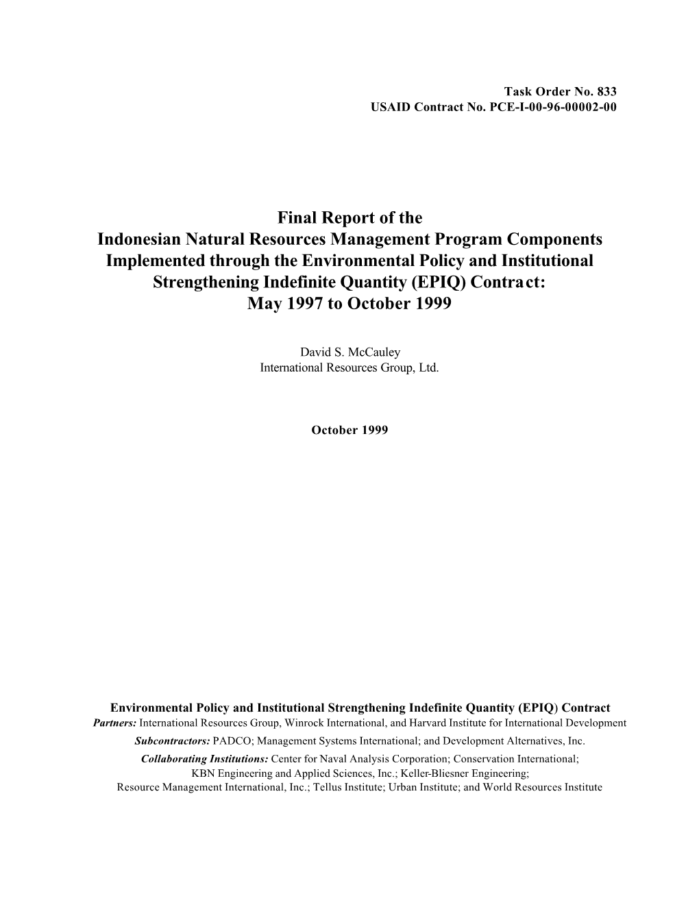 Final Report of the Indonesian Natural Resources Management Program