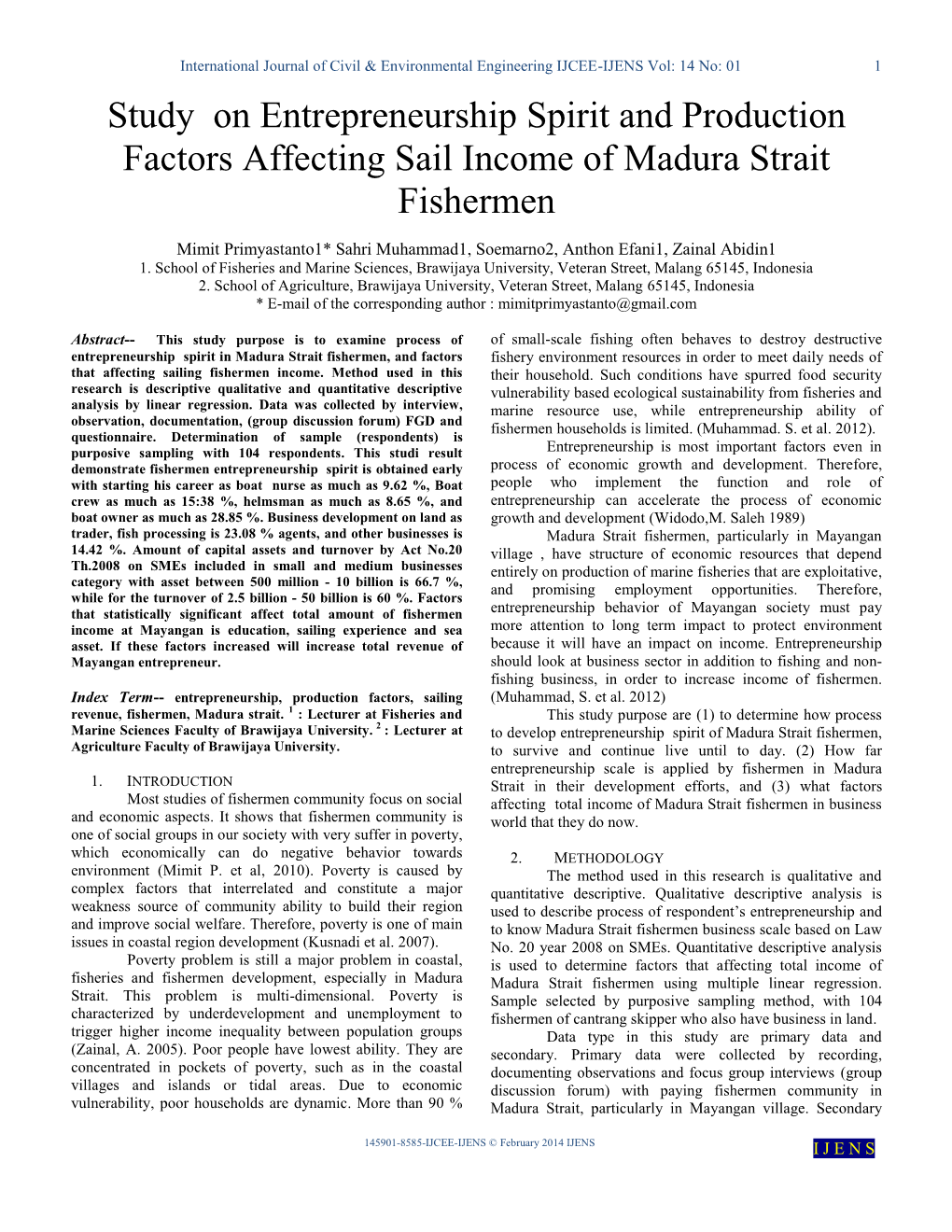 Study on Entrepreneurship Spirit and Production Factors Affecting Sail Income of Madura Strait Fishermen