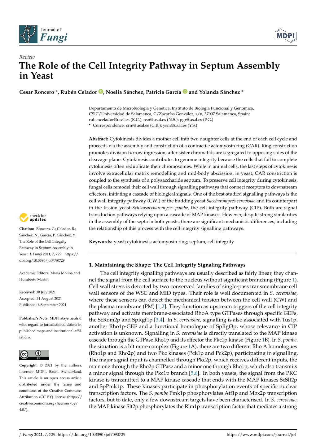 The Role of the Cell Integrity Pathway in Septum Assembly in Yeast