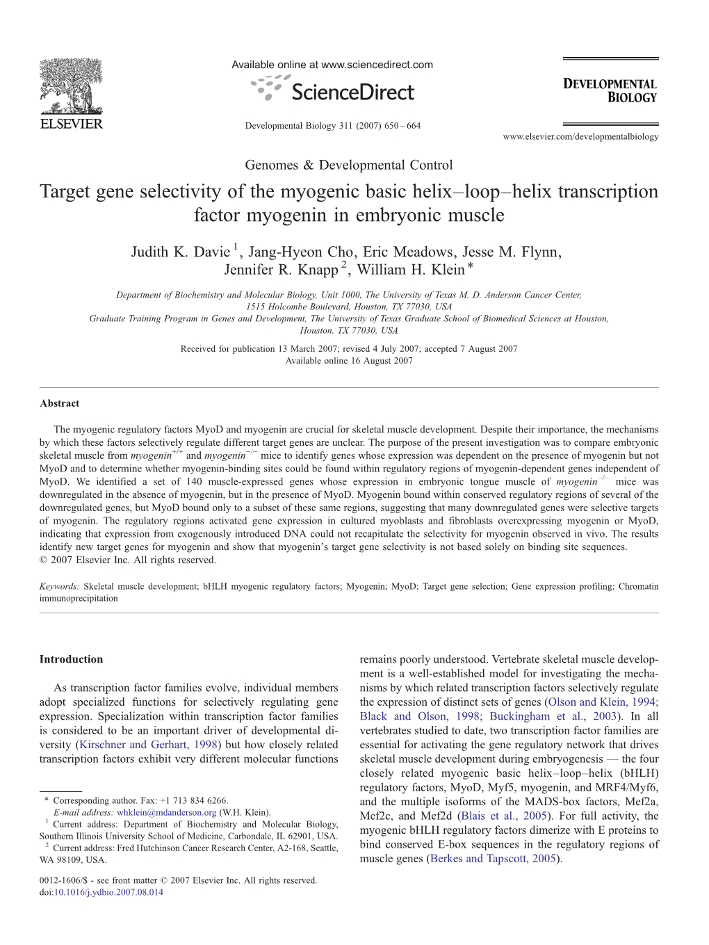 Target Gene Selectivity of the Myogenic Basic Helix–Loop–Helix Transcription Factor Myogenin in Embryonic Muscle